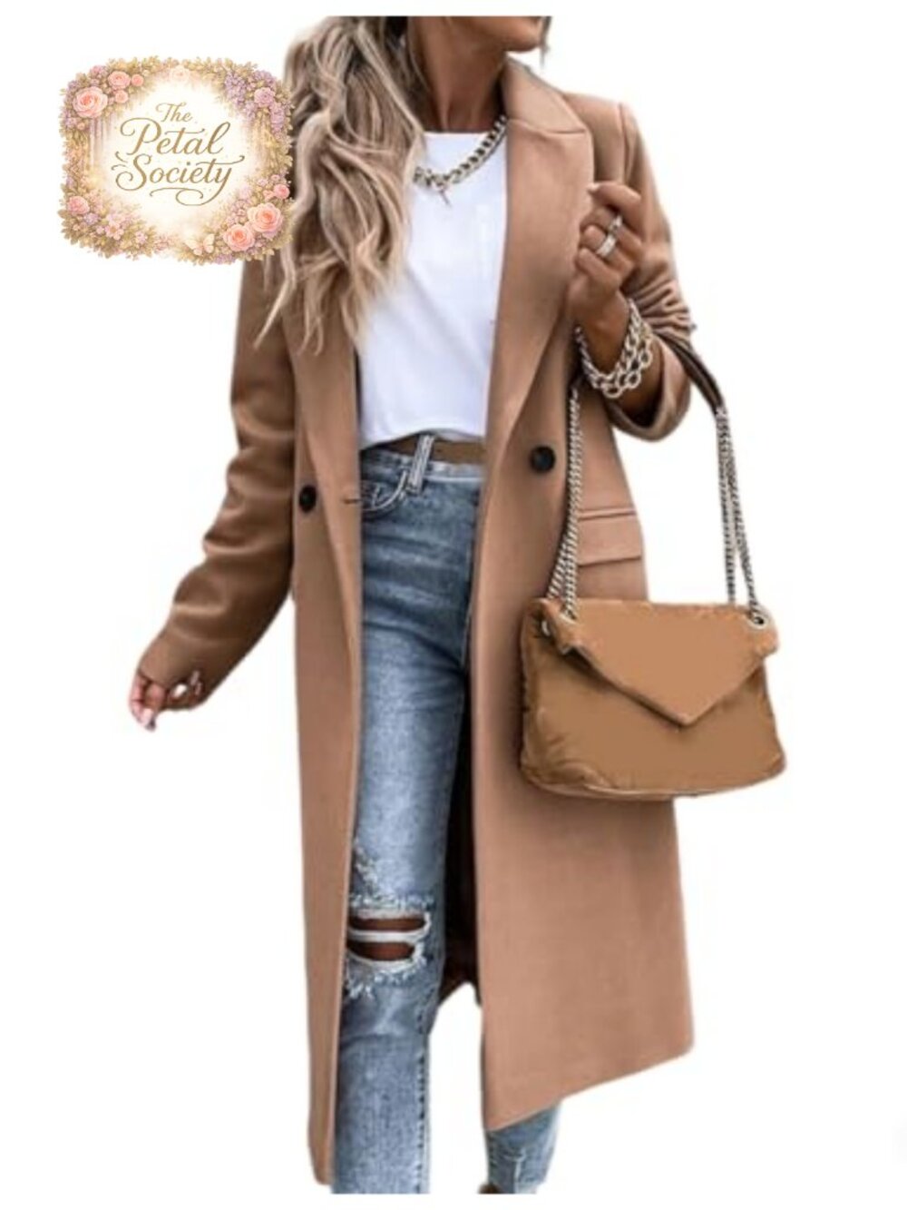 Long Wool Blend Peacoat Notch Lapel Button Front Below Knee Coat